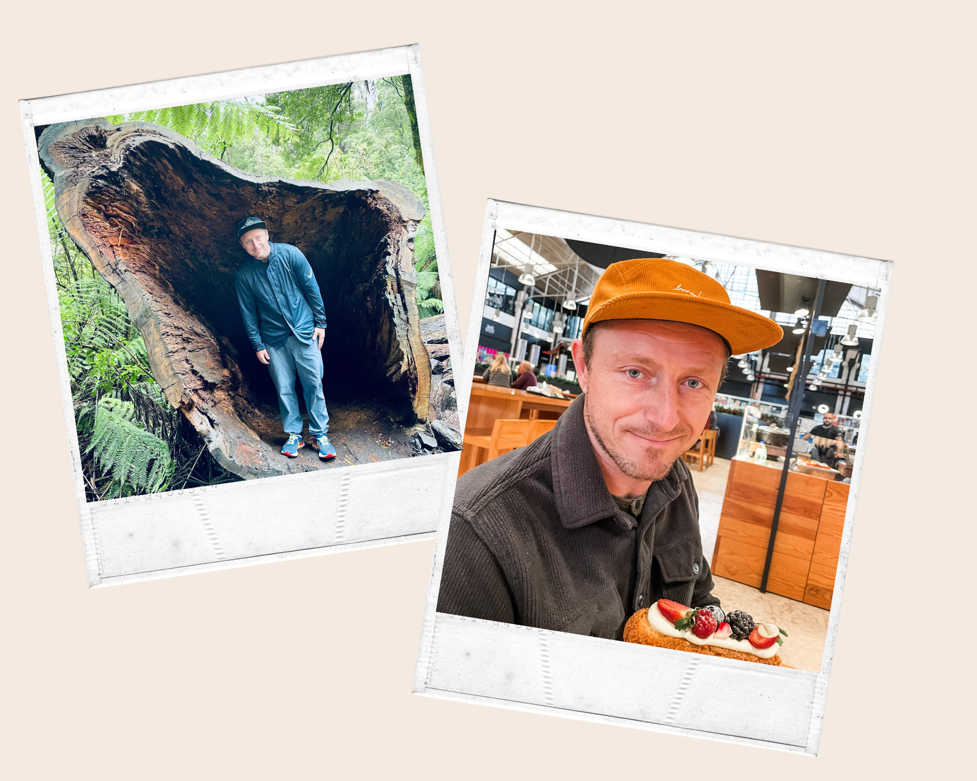 Two Polaroids of Mark - one of Mark standing in a giant tree trunk in a rainforest and another of Mark with a pastry in the Lisbon Time Out Market