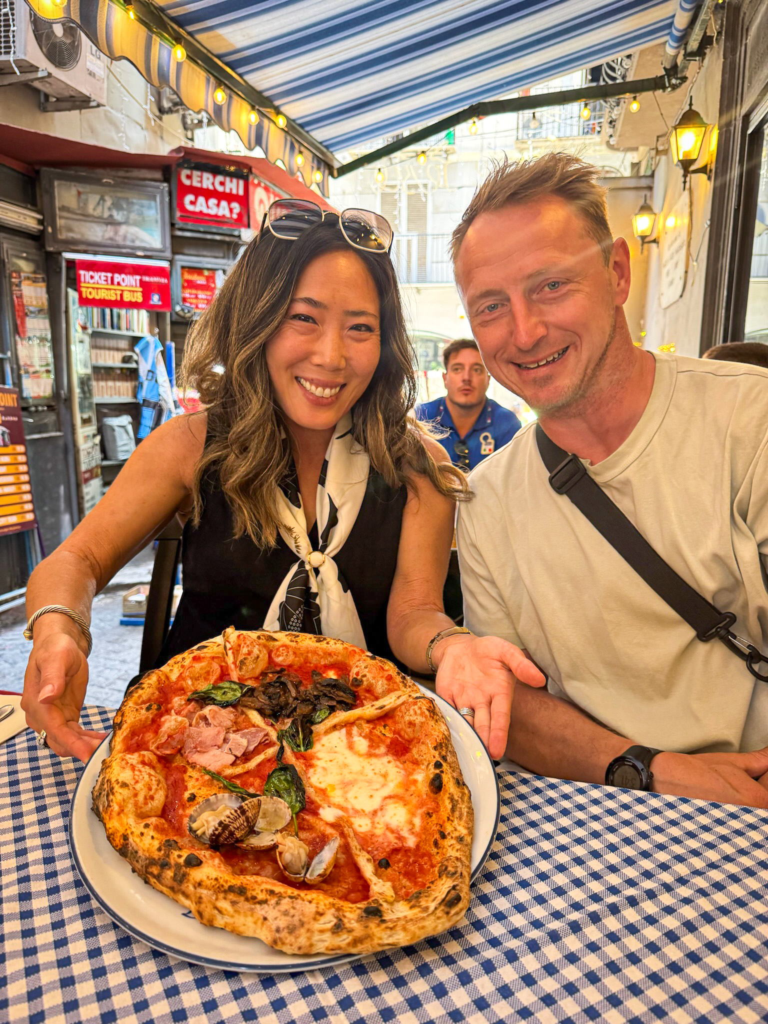 Erika & Mark with a clam pizza at Brandi Pizza in Naples, Italy